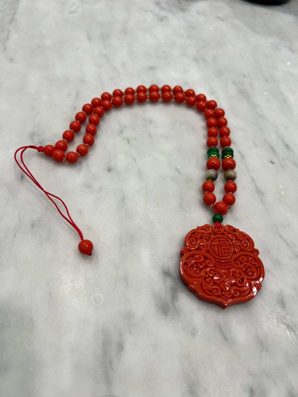 Jade Orange Carved Pendant Beaded Necklace with Green and Red Accents